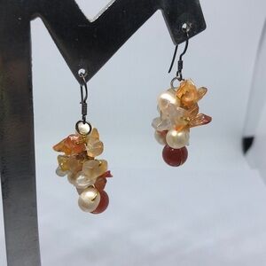 ARTISAN sterling silver gemstones freshwater pearls beaded drop earrings.